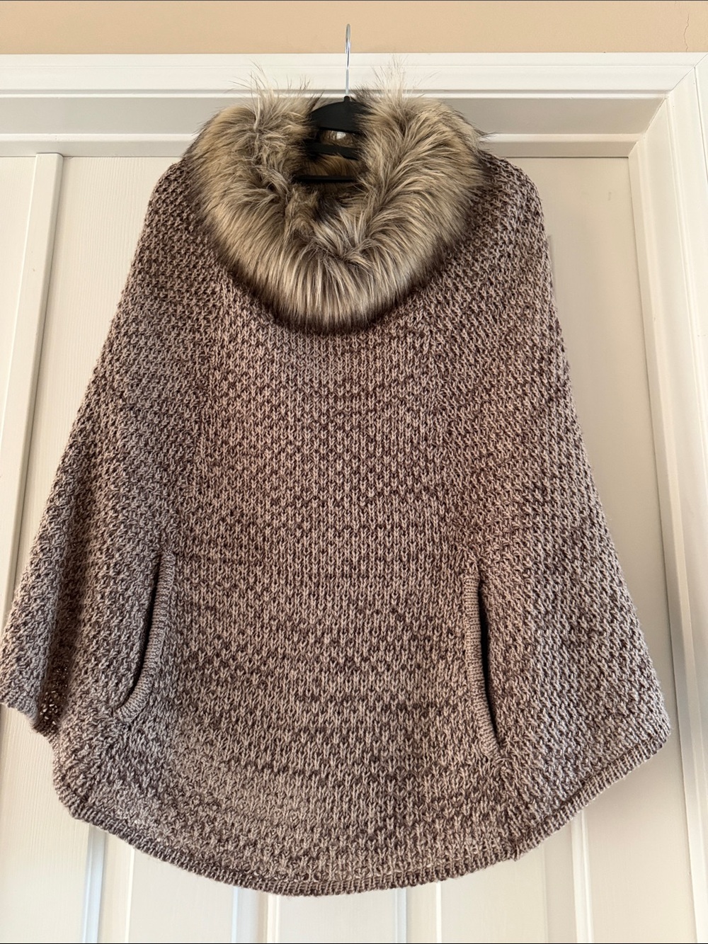Steve Madden Taupe-Brown Knit Poncho with Faux Fur Collar